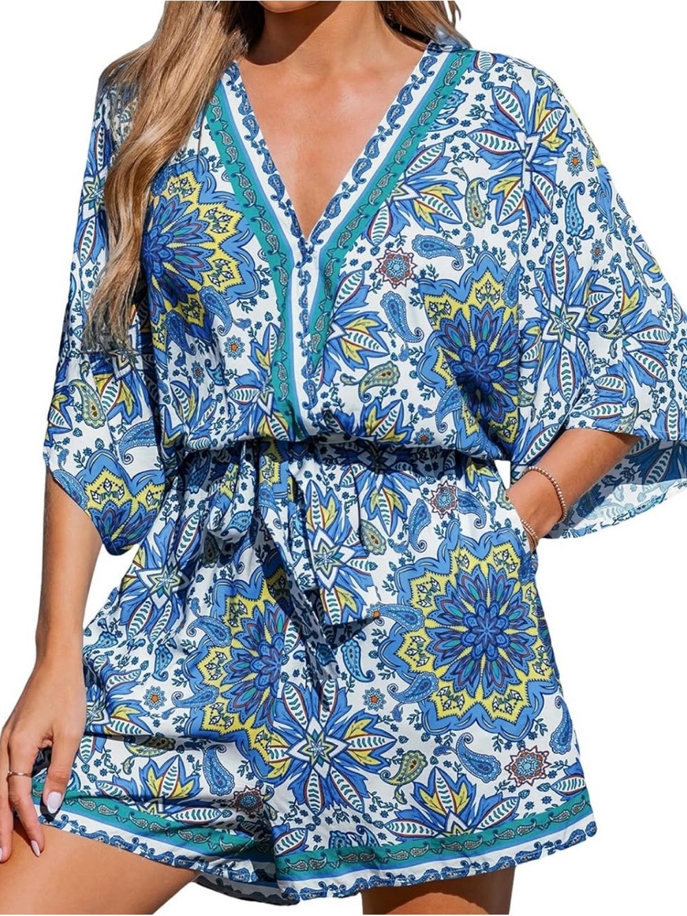 Blue & Teal Floral V-Neck Women's Swim Cover-Up Romper